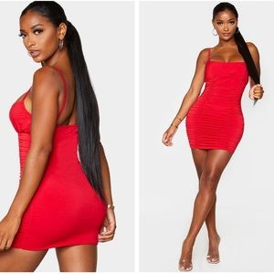 BRAND NEW Shape Red Slinky Extreme Ruched Body Con Dress w/ tags .